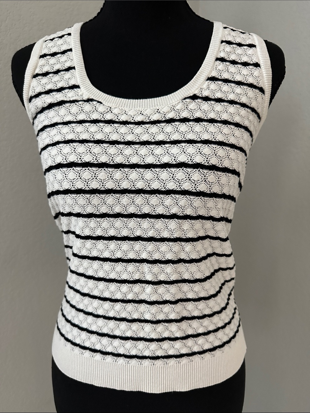 Ann Taylor White & Black Striped Lace Knit Tank